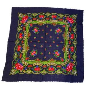 Vibrant Floral Scarf - Red and Green on Blue 28x28